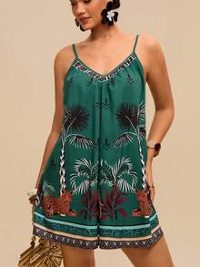 Travachic Women's Summer Greeen Boho Beach Holiday Casual Animal & Tropical Print Loose Jumpsuit,Deep V-Neck Backless Tie Waist Retro Vacation Shorts - Multicolor - View 6