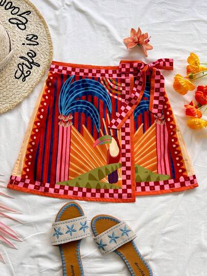 Soleia Women's Vacation Casual Tropical Print Tie-Wrap Skirt