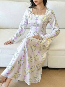 Yasmyna Đầm dự tiệc thời trang in hoa kiểu Ả Rập dành cho nữ - Màu tím - Xem 3