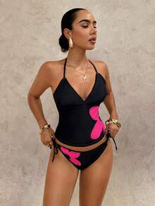 Swim Glamine 女士印花露背系带吊带背心式上衣和三角吊带式泳裤套装，度假沙滩新款女士泳装泳衣套装，女士沙滩泳装，女士聚拢泳衣，女士塑形泳衣 - 粉色 - 查看 3