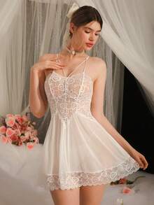 DelicateAllure Women Lace Mesh Robe And Camisole Dress Sleepwear Set - White - View 5