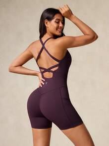 OutZeal Bộ đồ thể thao nữ liền thân tập gym, đồ tập luyện mùa hè, áo ngực thấm hút mồ hôi, thiết kế hở lưng. - Màu Đỏ Sâu - Xem 7