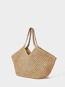 SHECARRY Tas Tangan Wanita Anyaman Modis, Tas Tote Bahu Kapasitas Besar - Khaki - View 2