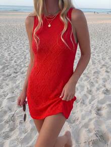 Vaclyn 女士休闲度假镂空针织无袖连衣裙 - 紅色 - 查看 6