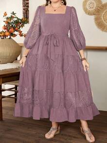 Lacomfia Plus Size Women's Square Neck Lantern Sleeve Tie-Waist Ruffle Hem Embroidery Patchwork Elegant Dress - Pink - View 3