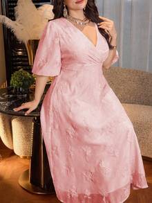 Modelyn Abito in chiffon con vita svasata e maniche corte, decorato con ricami floreali, stile francese elegante per occasioni speciali, disponibile in taglie comode - Rosa - Visualizzare 3