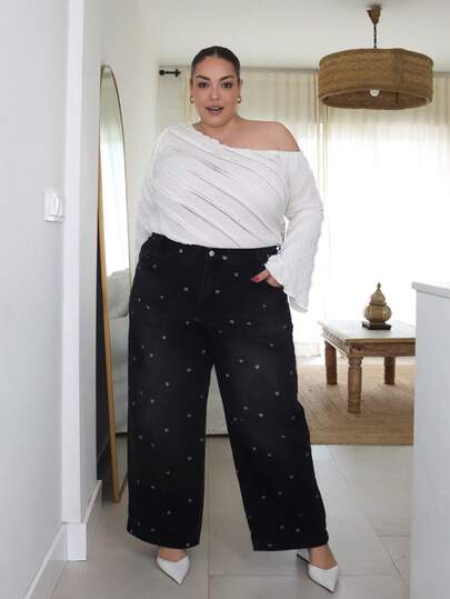 Pretty and Ole Quần jean denim ống đứng dáng rộng in họa tiết trái tim, giặt sạch, dáng dài, phù hợp cho mọi mùa