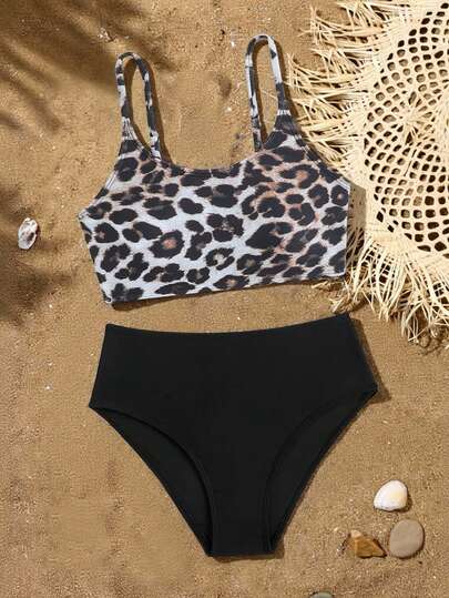 SHEIN Tween Girls Leopard Print Bikini Sets, Knit Fabric, Round Neck, Adjustable Straps, Fashion Casual Elegant Swimwear For Swimming, Beach, Pool, Summer Vacation, Party Cheetah Print Two Piece Swimsuit Cheetah Print Bikini High Waist Bikini Set Leopard Print Two Piece Bathing Suit High Waisted 2 Piece Swim Animal Print Swimwear Animal Print Bathing Suit Animal Print Top Leopard Bikini Set Bikini Animal Print Summer Outfits For Women Swimsuit Leopard Print Swimwear