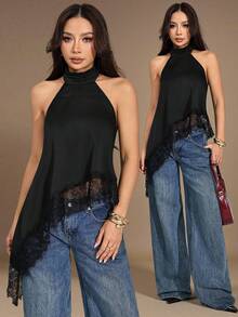 SHEIN PETITE Top halter con escote trasero, bajo asimétrico y parches de encaje, sexy para el verano - Negro - Ver 6