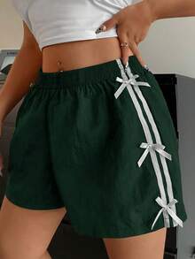 POPSWAY Plus Size Women Side Stripe Bow Decor Casual Shorts - Army Green - View 3