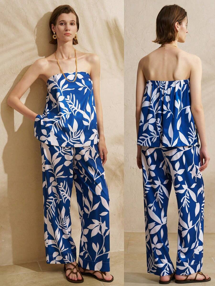 Airaco Conjunto de bandeau estampado casual de vacaciones para mujer