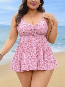 Swim Lushoire Plus Size Floral Print Sweet Tankini Top - Multicolor - View 3