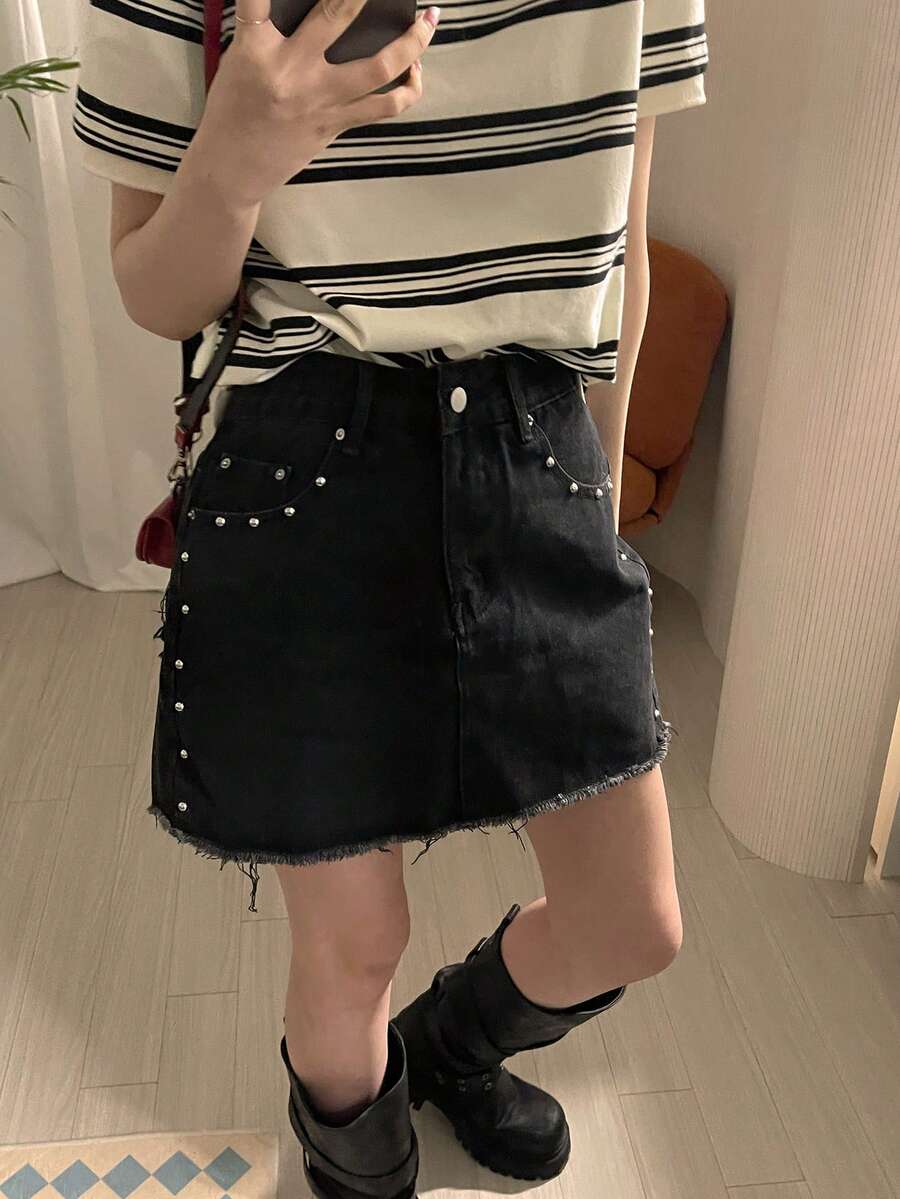 DAZY Women's Distressed Denim Skirt, Korean Street Style - Black - View 1