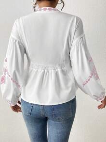 SHEIN LUNE Women's Shirred Graphic Print Long Sleeve Button Shirt Peplum Top - Pink - View 2