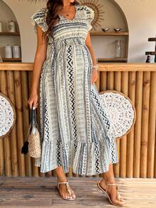 SHEIN Đầm bầu họa tiết hình học dáng xòe, thích hợp cho kỳ nghỉ. - màu nâu - Xem 1