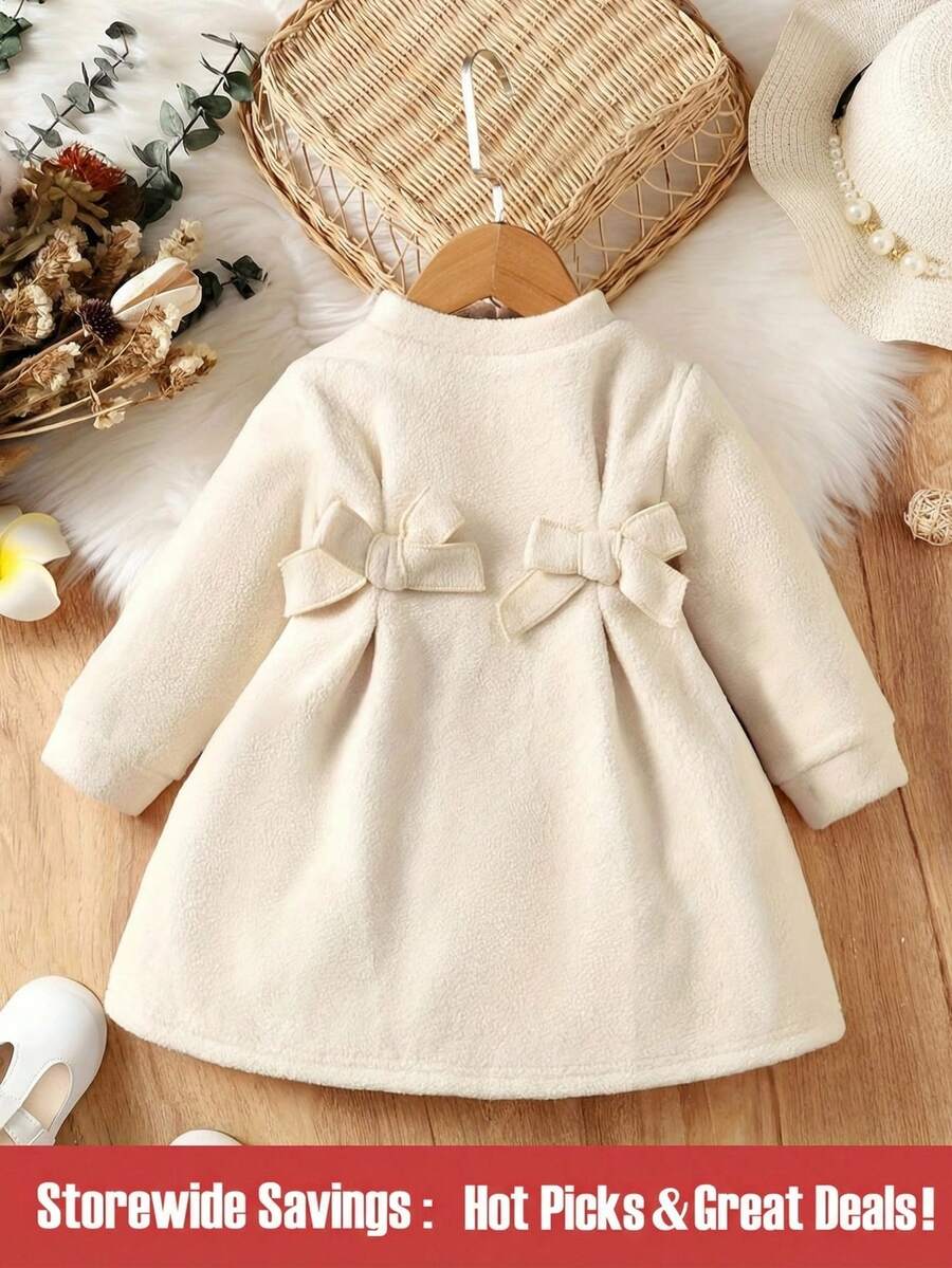 SHEIN Baby Girl Bow Front Mock Neck Keyhole Back Dress - Apricot - View 1