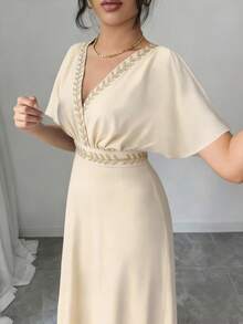 GlowEve V-Neck Batwing Sleeve Cinched Waist Gold Embroidery Elegant Long Dress For Women - Apricot - View 4