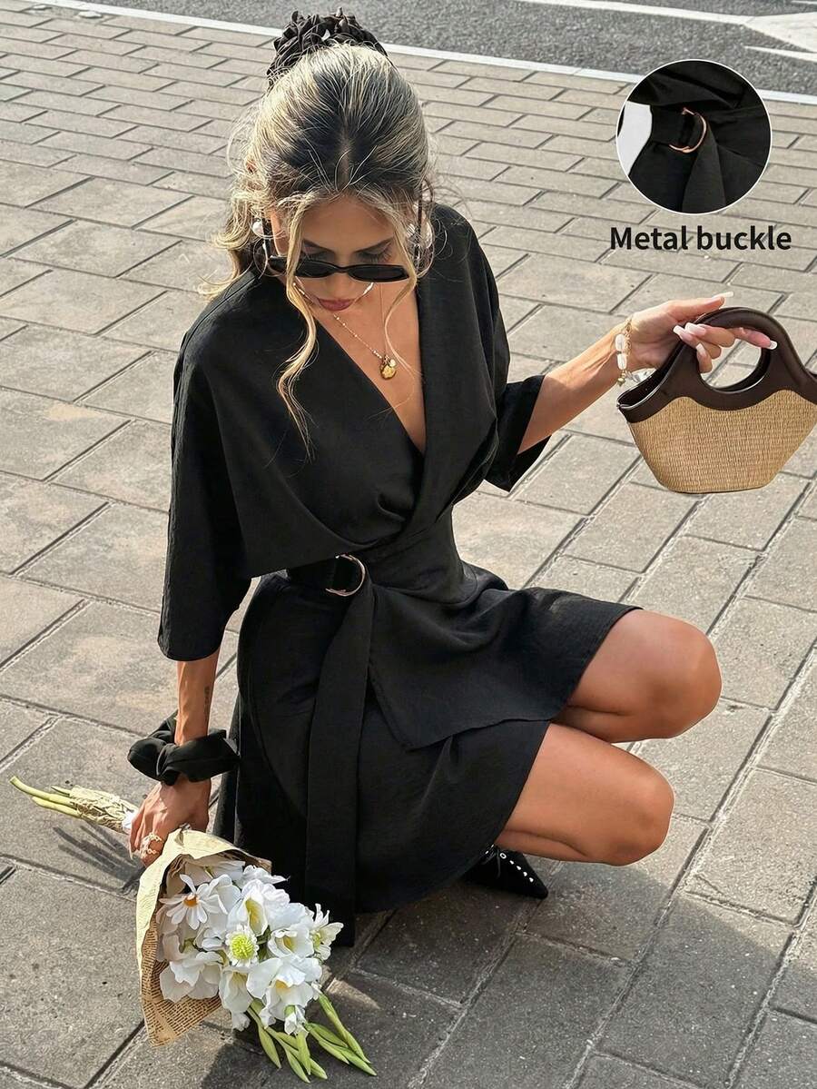 Serisse 女士纯色金属装饰时尚约会派对迷你连衣裙 - 黑色 - 查看 1