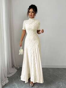 Rafferiza Chic Beige Long A-Line Dress For Women Featuring Stand Collar Puff Sleeves And Zipper Detail - Beige - View 6
