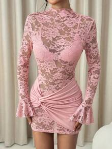 SHEIN PETITE 酒红色性感透视蕾丝迷你连衣裙，适合日常约会、夜间外出、夜店、派对、聚会、鸡尾酒会、泳池派对以及秋冬季穿着。 - 粉色 - 查看 3