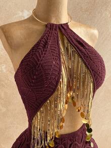 Soleia 女士亮片流苏镂空性感吊带针织连衣裙 - 酒紅色 - 查看 5