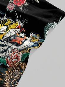 ROMWE Avant 新款中国风暗黑系坏女孩虎玫瑰标语紧身超低腰迷你裙 - 黑色 - 查看 4