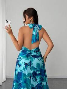 Elenzga Plus Size Women's Elegant V-Neck Floral Print Sexy Flowing Maxi Dress, Spring/Summer - Multicolor - View 4