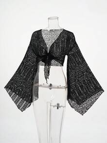 Women's Fashionable Black Semi-Sheer Lace Sexy Blouse - Black - View 5