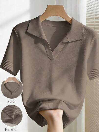 Franclia Women's Simple Solid Color Turndown Collar Short Sleeve Casual Fitted Knit Top, Versatile For Spring/Summer