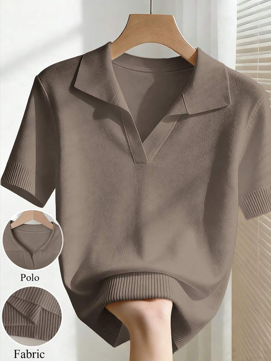 Franclia Women's Simple Solid Color Turndown Collar Short Sleeve Casual Fitted Knit Top, Versatile For Spring/Summer - Khaki - View 1