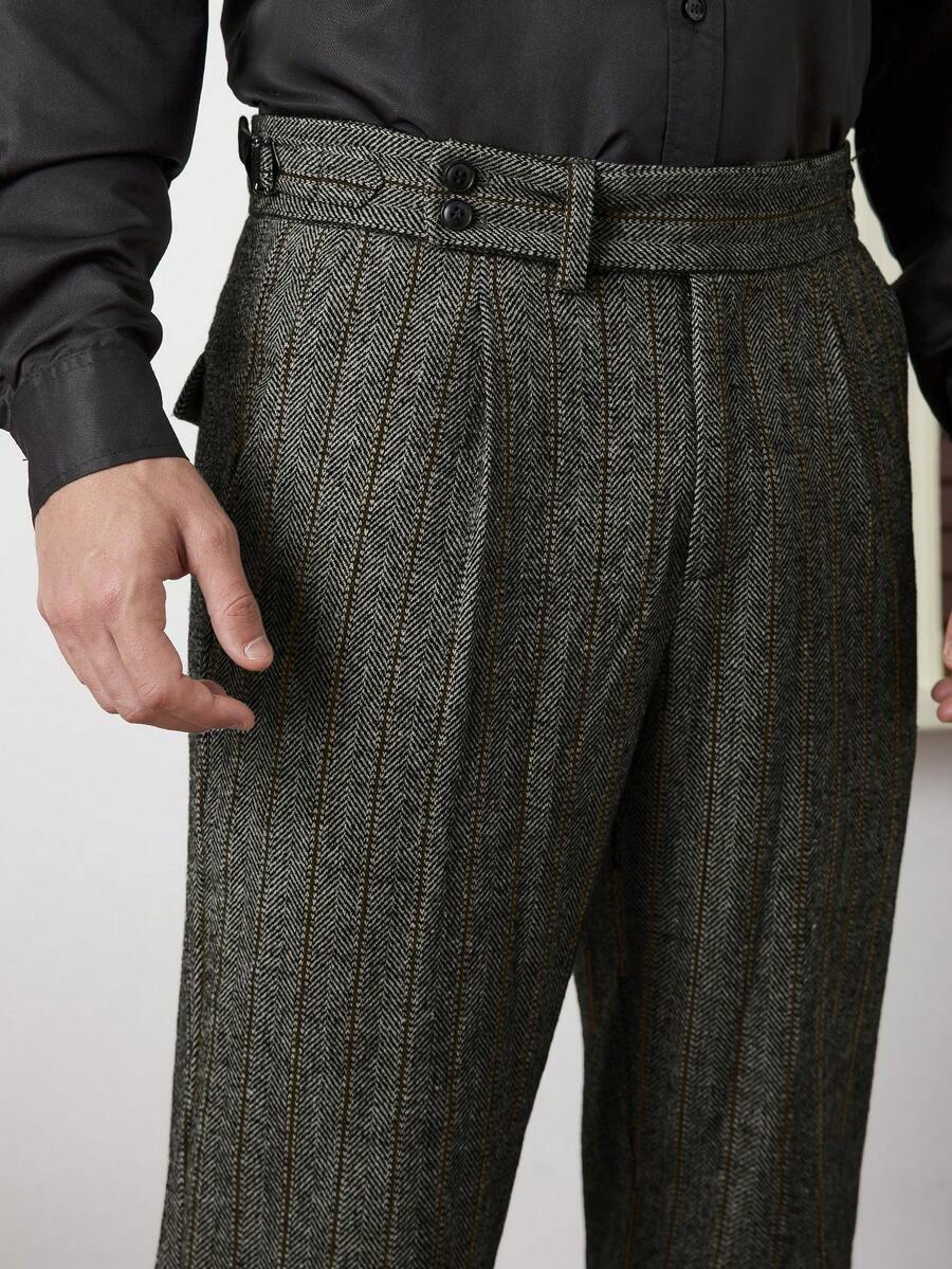 Core Aspect Pantalones casuales de hombre con cremallera, cinturón de cuero, textura de espina de pescado, pierna recta, pantalones de traje con pliegues, pantalones de vestir a rayas, pantalones de cintura alta para ceremonia - Multicolor - Ver 1