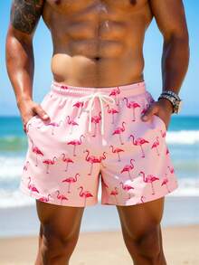 Manfinity KASUA Men's Flamingo All-Over Print Loose Drawstring Waist Summer Beach Shorts, Holiday - Coral Pink - View 7