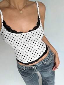 Aloruh 女士性感黑色蕾丝边波点图案紧身吊带背心，适合度假、优雅约会，百搭波点吊带背心，法式蕾丝吊带背心，法国南部假日 - 白色 - 查看 6
