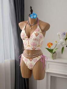 Bellisia New Women's 2-Piece Set, Skin-Friendly Fabric Random Print Halter Top And Side Tie Pants, Beach Vacation Swimwear Set, Spring/Summer - Multicolor - View 5
