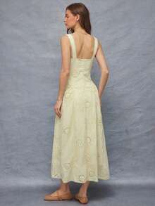 Summer Seashell Embroidered Bustier Sweetheart Neck Underwire Cups Drop Waist Ruffle Sides Fit & Flare Sleeveless Midi Dress Spring Beach Vacation - Light Yellow - View 3