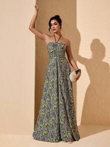 JIAN LASALA 热带印花隧道褶皱露背吊带露背女士夏季度假长裙 - 綠色 - 查看 1