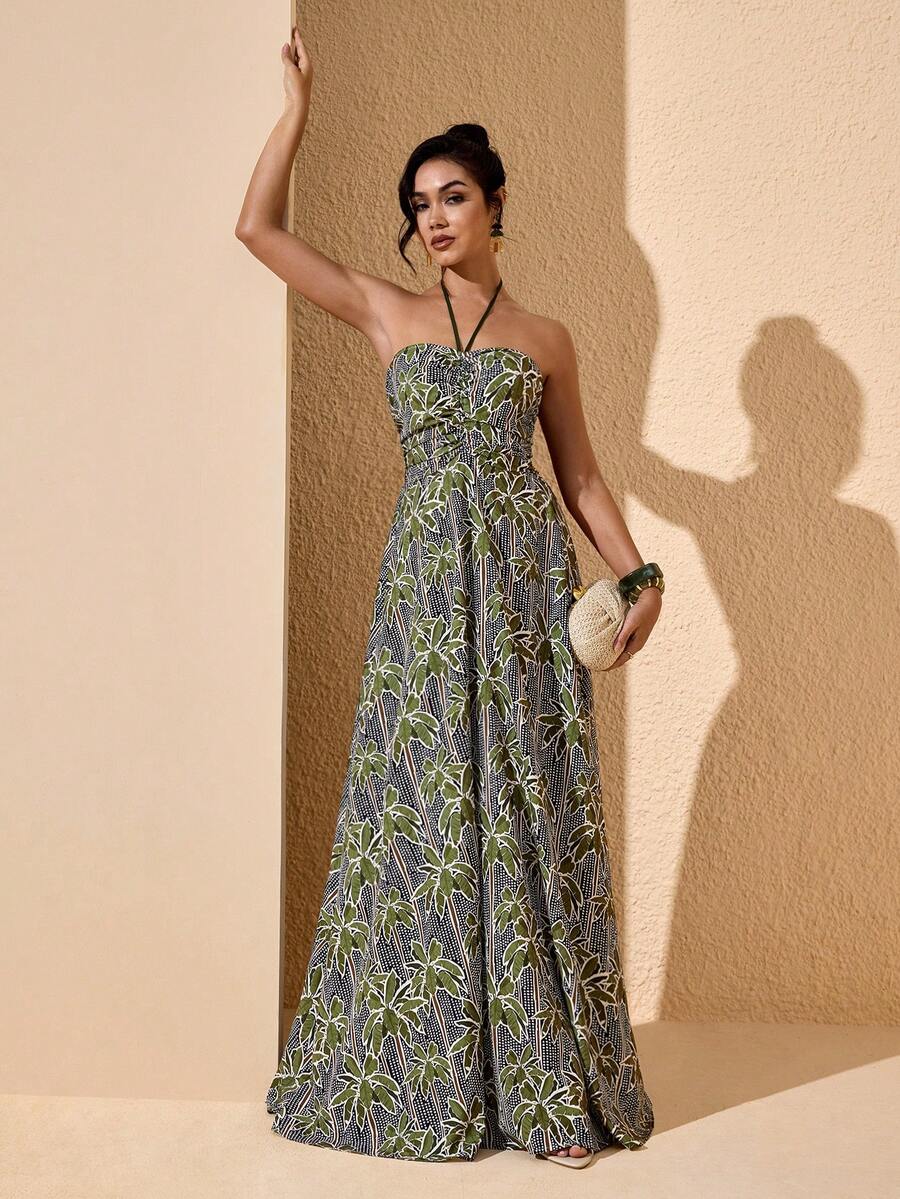 JIAN LASALA 热带印花隧道褶皱露背吊带露背女士夏季度假长裙 - 綠色 - 查看 1