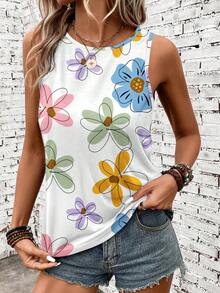 EMERY ROSE Casual Dopamine Flower Print Round Neck Tank Top, Plus Size For Women, Suitable For Summer - Multicolor - View 5
