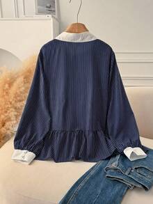 SHEIN CURVE+ 大码女装 大码蓝色条纹大码蓝色衬衫 百搭日常衬衫/2026/新年 - 藍白色 - 查看 2