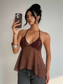 Aloruh Women's Elegant Tie-Up Beaded Embroidered Patchwork Brown Backless Camisole,Sequin Top,Summer Top - Brown - View 3