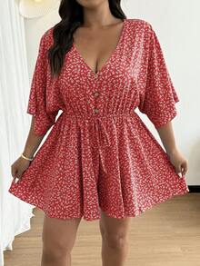 Ceyna 大码女式V领纽扣荷叶袖短袖宽松短裤优雅碎花可爱度假休闲法式连体裤 - 紅色 - 查看 6