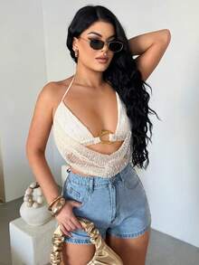 Dayanna Comas Quần short denim dạo phố thường ngày chữ A mùa hè cho nữ, gợi cảm và sang trọng - Rửa nhẹ - Xem 5