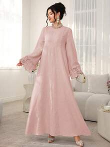 Al Najma Vestido casual de resort árabe con cuello redondo, manga larga suelta y cinta de empalme de unicolor - Rosa - Ver 5