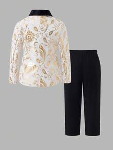 Young Boy Gentleman Gold Foil Print Lapel Single-Breasted Suit Jacket And Pants Set - Black and White - View 2