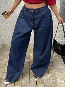 Dazy Plus Quần jeans ống loe rộng, màu xanh đậm, dáng dài, đa năng, phù hợp mọi mùa. - Rửa tối - Xem 5
