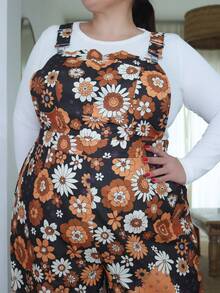 Pretty and Ole Plus Size Autumn/Winter Floral Print Elastic Waist Criss-Cross Jumpsuit, Elegant For Vacation, Date, Party And Casual Wear - Multicolor - View 3