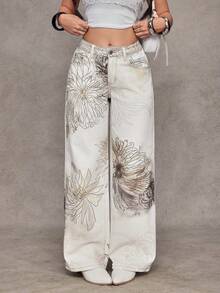 SHEIN Jeanoir Quần jeans ống rộng cạp thấp in hoa phong cách Y2K - trắng - Xem 1