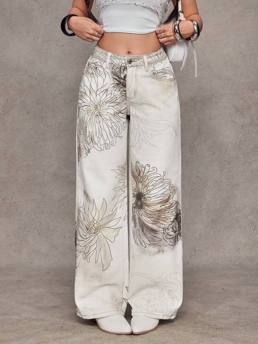 SHEIN Jeanoir Quần jeans ống rộng cạp thấp in hoa phong cách Y2K - trắng - Xem 1