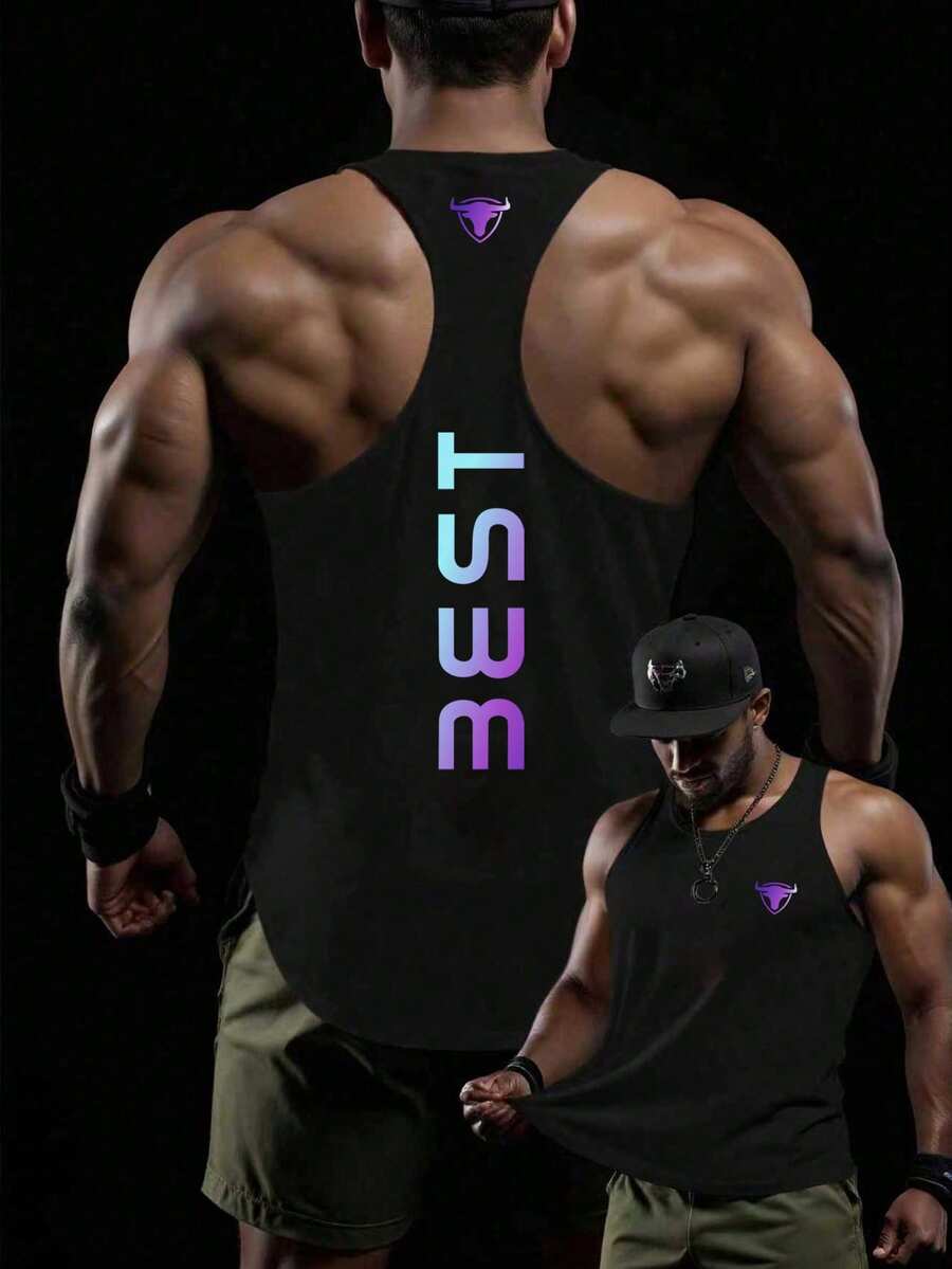 RISE LYT 男士字母印花休闲健身运动背心无袖健身上衣运动背心修身塑形运动背心,轻盈透气 - 黑色 - 查看 1