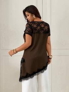 Femmeverse Plus Size Women Round Neck, Spaghetti Strap 2 In 1, Lace Patchwork Design, Slit Solid Color Dress - Brown - View 2